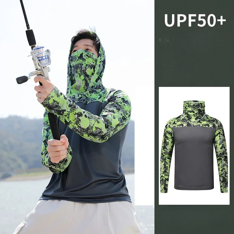 Fishing Shirt Uv Protection - قميص صيد للرجال بغطاء رأس، ملابس