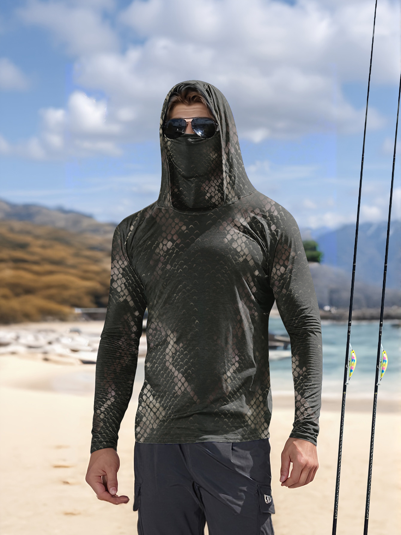 Fishing Shirt Uv Protection - قميص صيد للرجال بغطاء للرأس وأكمام